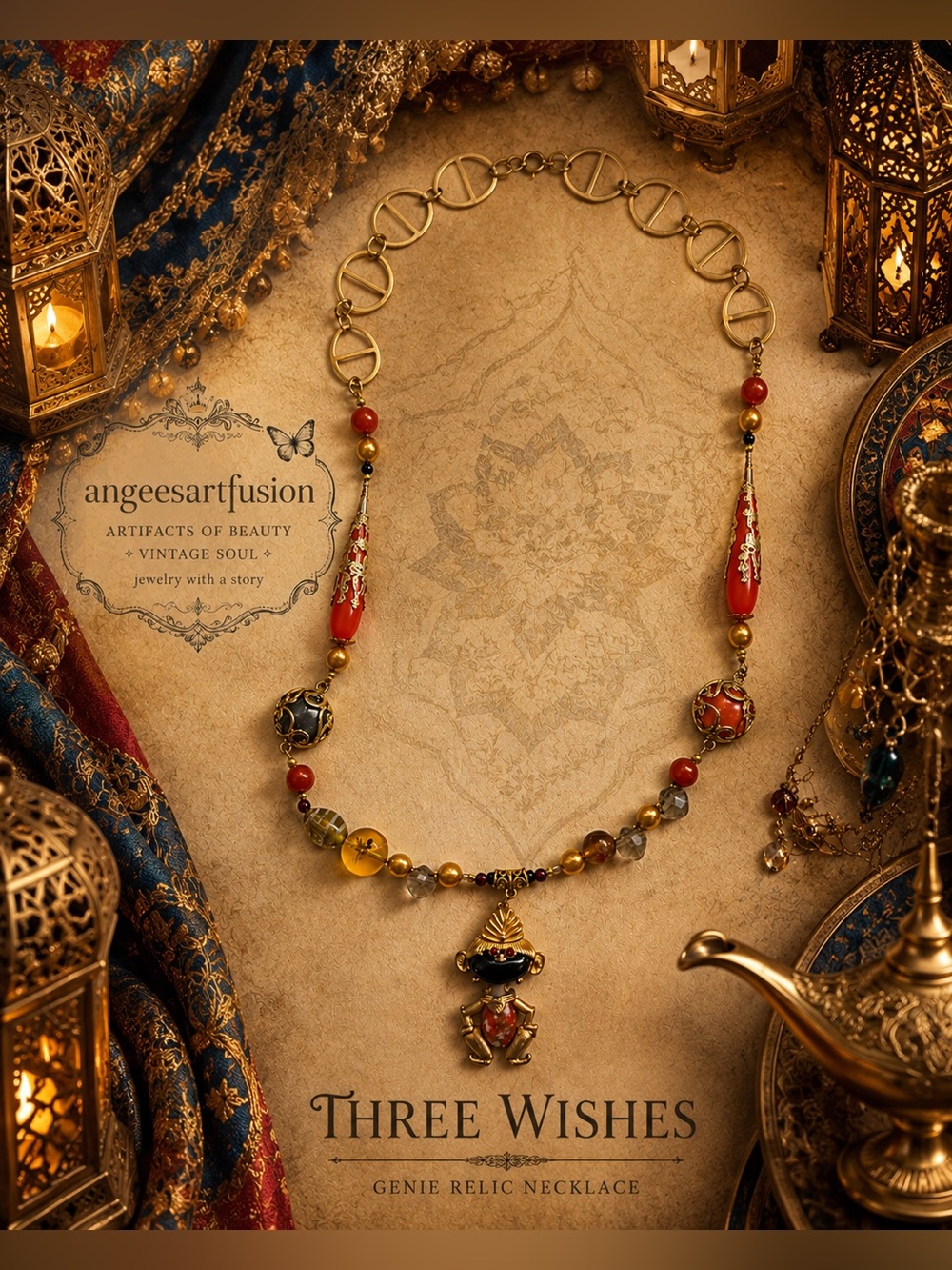 “Three Wishes”-Vintage Genie Necklace OOAK-Coral,Freshwater Pearls,Smoky Quartz
